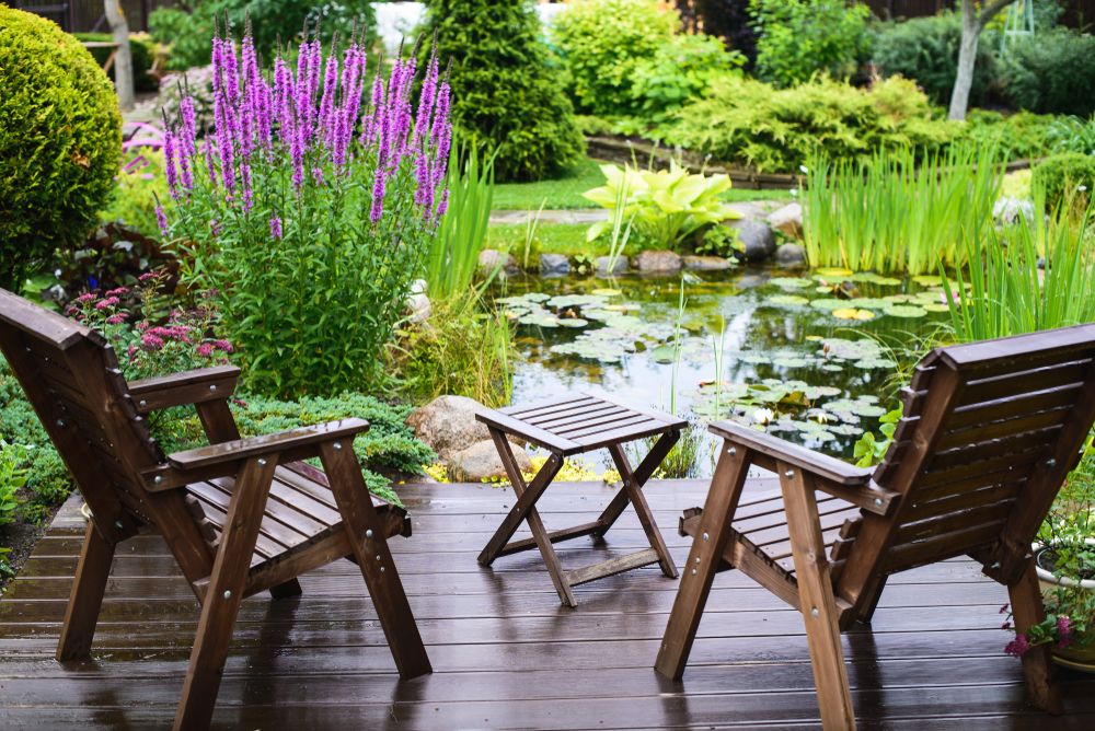 Garden,Chairs,Near,The,Pond,In,A,Beautiful,Garden
