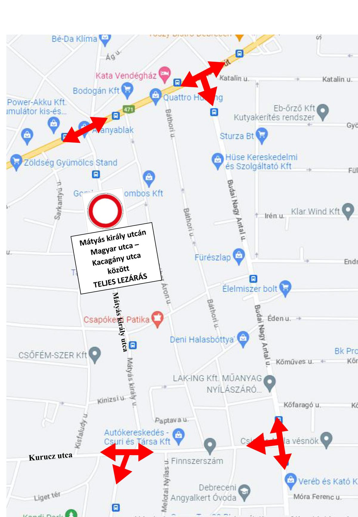 Debrecen Mátyás király utca útsüllyedés térkép