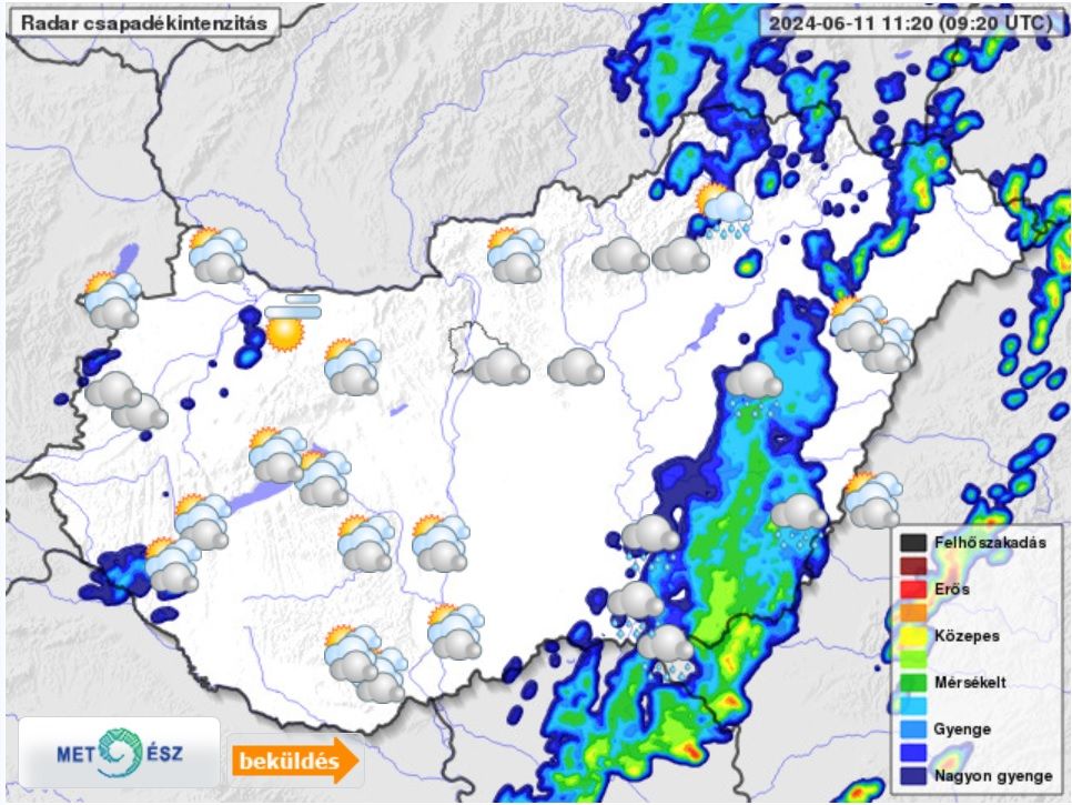 A HungaroMet késő délelőtti radarképe. Kérdés, hogy Hajdú-Bihart eléri-e a viharos időjárás