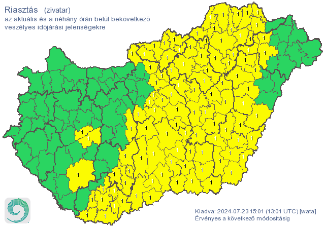 Zivatarok miatt adtak ki riasztást Hajdú-Bihar több járására